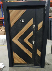 Turkish Security Door with a geoetric black and wood-grain design