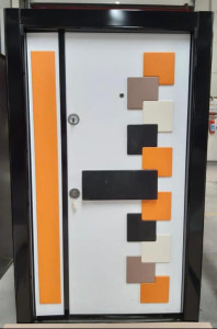 Modern Turkish Security Door with distinctive, multi-coloured square panel design