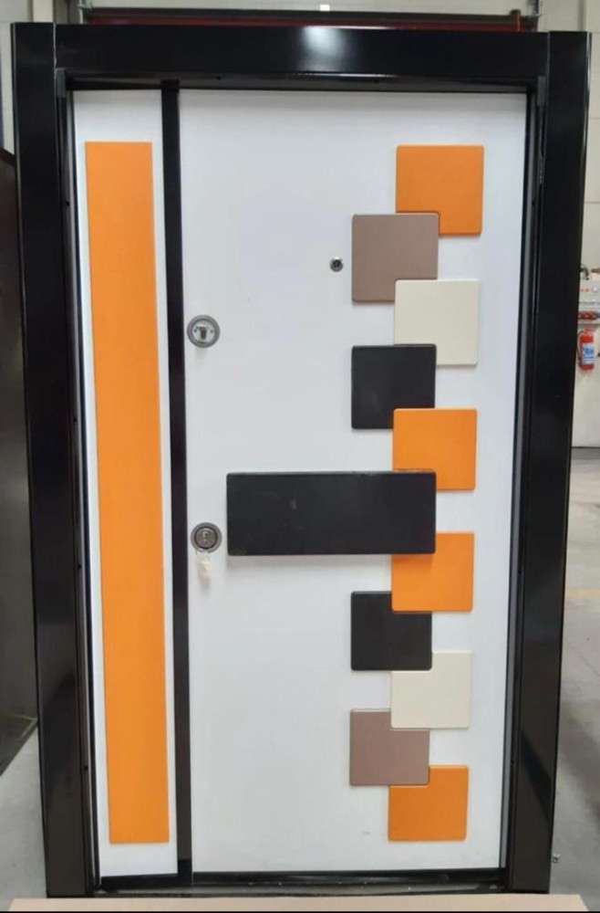 Modern Turkish Security Door with distinctive, multi-coloured square panel design