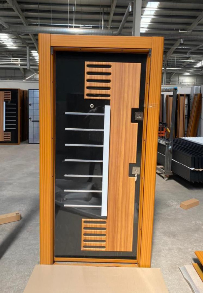 Luxury Turkish Security Door with a wood-look finish and black glass panels