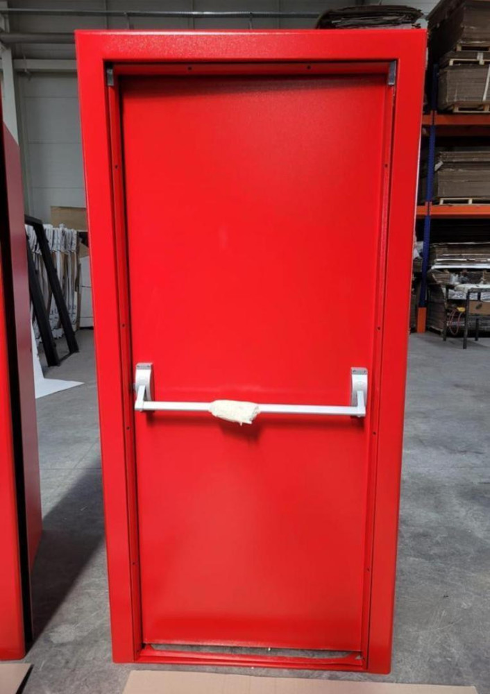 A red Steel fire exit door 