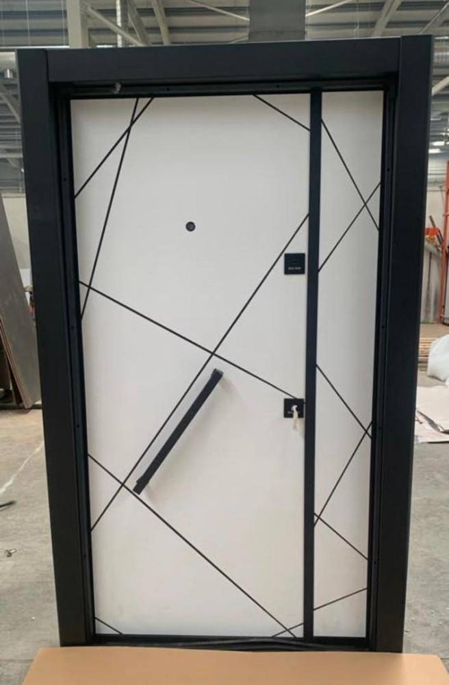 Modern White geometric Security Door with black frame