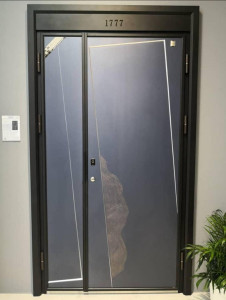 Modern Exterior Security Door with a decorative frosted glass panel