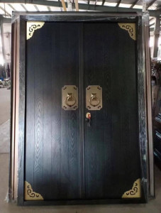 Black double-leaf Security entry door with wood grain finish and antique chinese-style brass