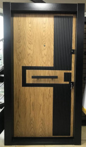 modern steel Security Door with a wood finish and black vertical accents