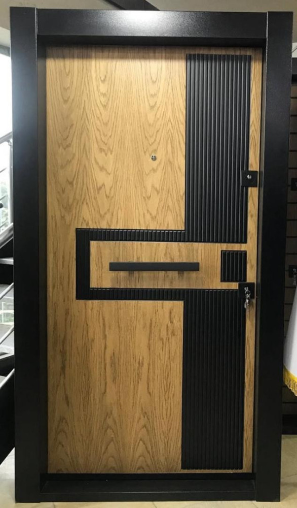 modern steel Security Door with a wood finish and black vertical accents