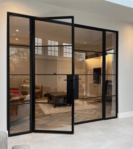 black-framed internal steel and glass partition with double doors