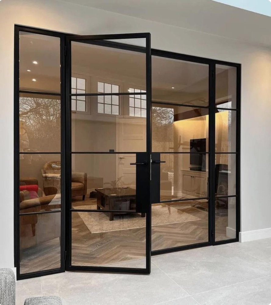 black-framed internal steel and glass partition with double doors