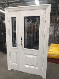 White Steel Double Entry door featuring decorative glass panels wit black wrought grillies