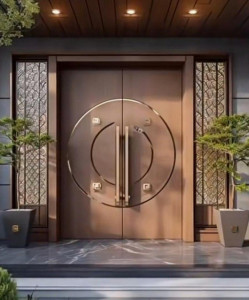 Modern double wooden main entrance door with a large circular metal design and vertical pull handles