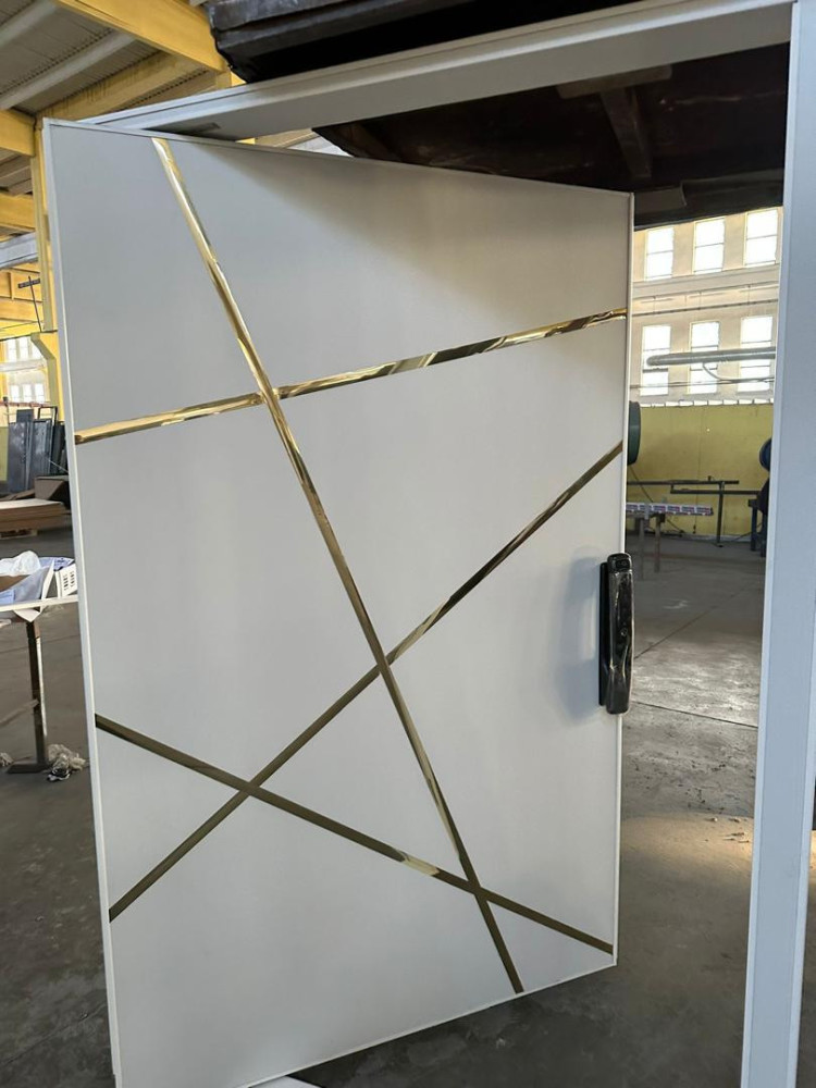 this is modern White door with Gold metal inlay accents