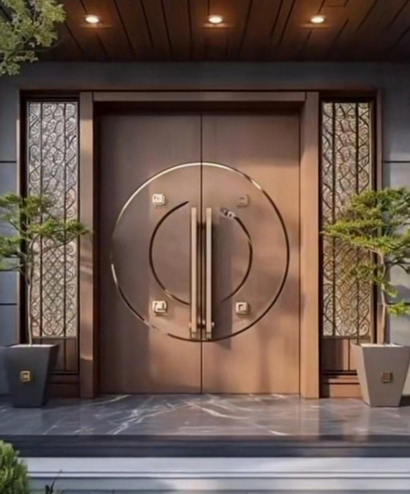 Modern double wooden main entrance door with a large circular metal design and vertical pull handles