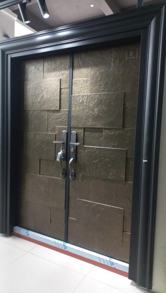 Modern-style, double-leaf steel Security door with textured, metallic finish