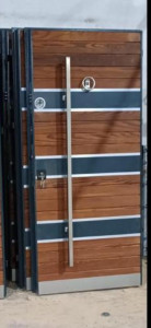 It features a wood-effect finish with horizontal blue and silver accents stripes