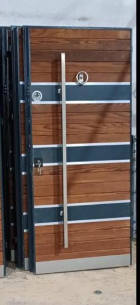 It features a wood-effect finish with horizontal blue and silver accents stripes