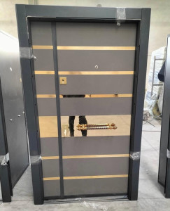 Modrn black and White Security Pivot Door featuring a smart locking system