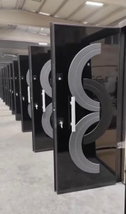 Turkish Security Door featuring a sleek black finish and a prominent arched handle design