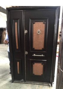 Brango Steel Door entrnace door featuring a distinct geometric esign and a wooden look finish