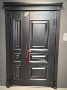 Modern steel Security Door featuring a decorative wood-grain finish and a patterned blockdesign