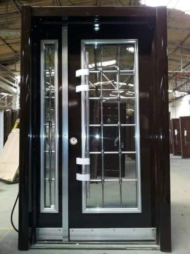 Turkish-style armoured security Door featuring a wood-lok with modern vertical steel slats