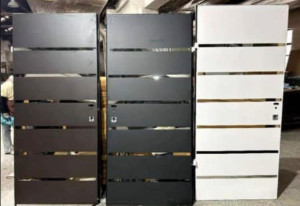 Joca Security Door featuring a modern minimalist black metal frme with a large glass pane accented by a grid pattern