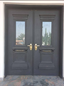 reinforced steel double security door with glass panel inserts 