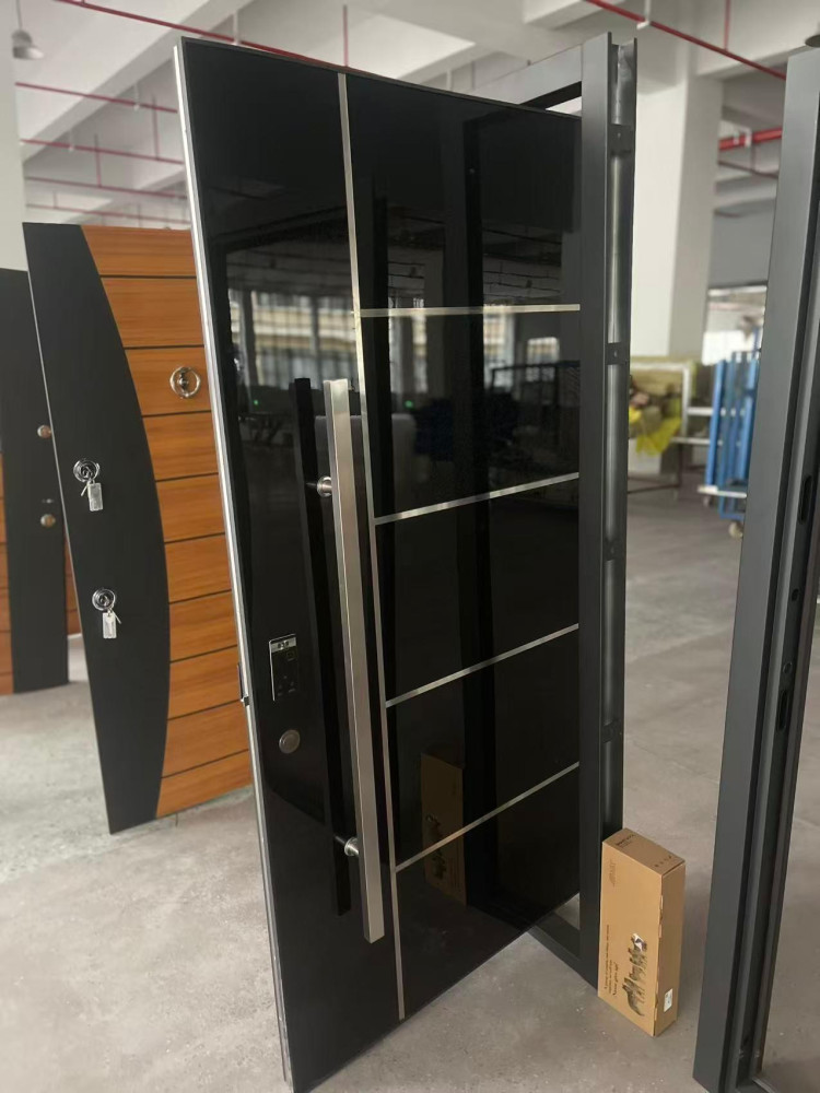 modern black glass and stainless steel pivot entrance door 