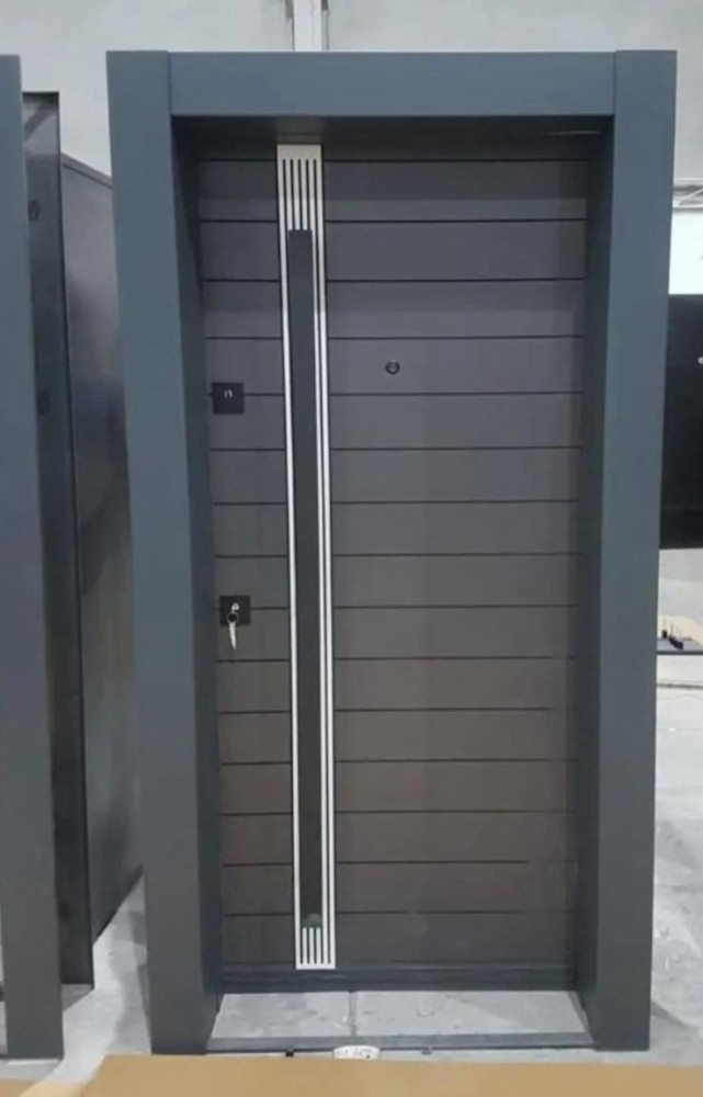 Turkish Security Door features a dark grey finish with a modern vertical silver stripe design and an integrated smart lock system