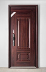 Turkish Steel Security Door featuring a dark wood-grain finish and a modern multi-point locking system