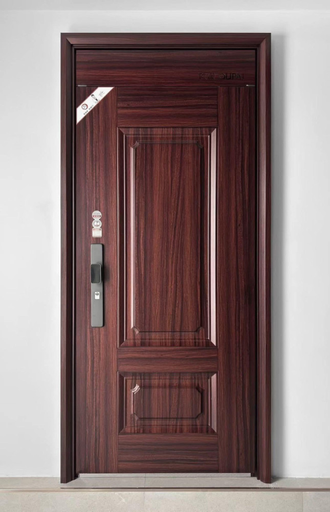 Turkish Steel Security Door featuring a dark wood-grain finish and a modern multi-point locking system
