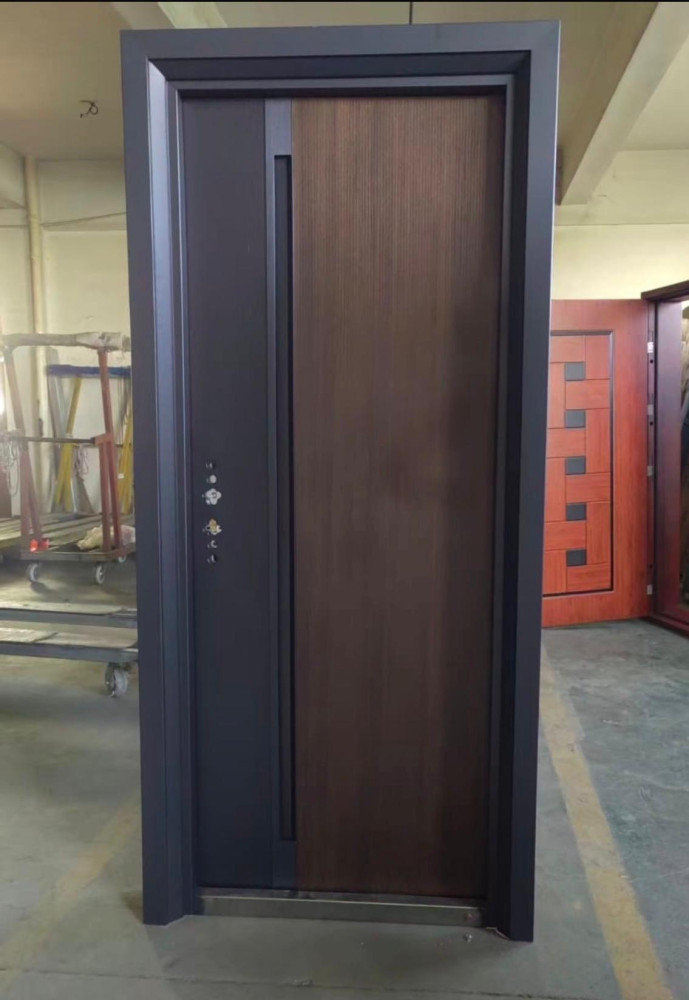 Modern steel Security Door featuring a wood-panl finish