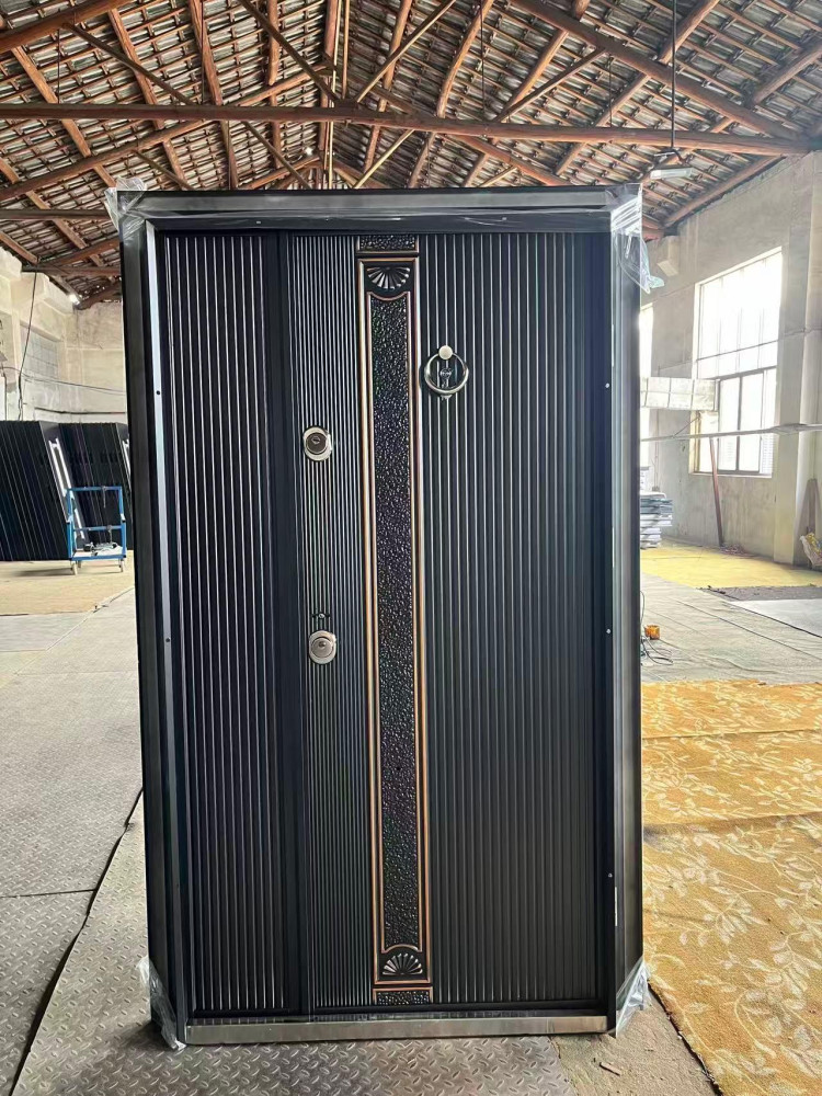 Turkish Steel Security Door featuring a black vertical striped design with a textured bronze-coloured center panel