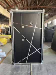 Turkish Steel Security Door featuring a modern geometric design with stainless steel strips