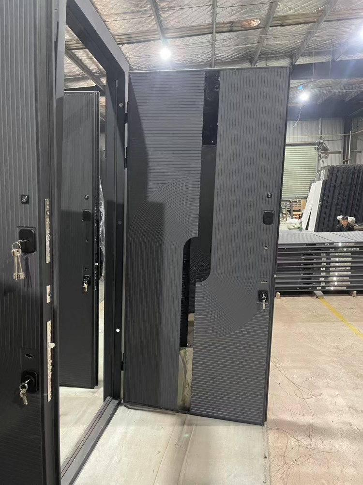 Modern metal security Door featuring vertical striped pattern ad high-security locks
