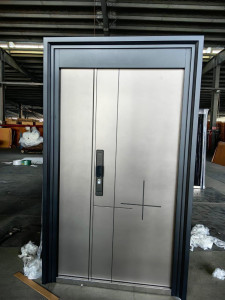 Modern metal Security Door featuring minimalist geometric design and an integrated smart lock