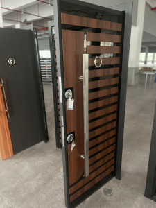 Turkish Steel Security Door featuring a modern wooden-caoted finish and a reinforced steel core