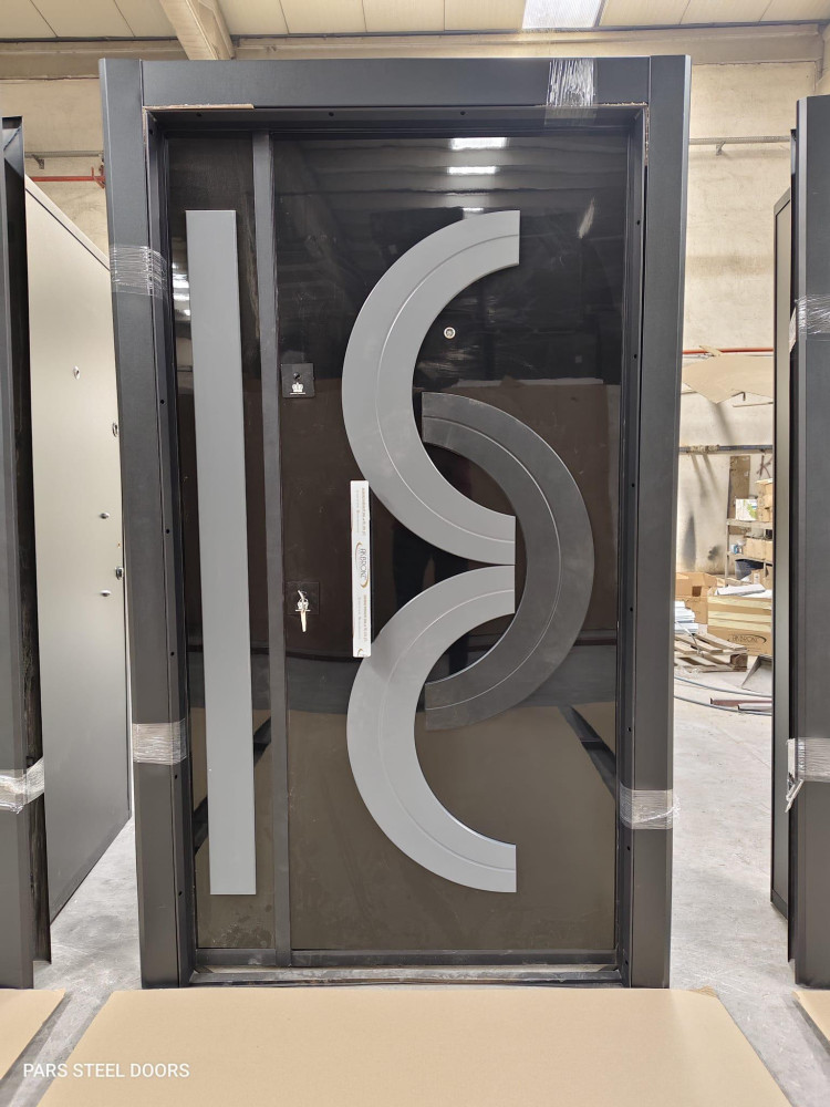 Turkish Security Door features sleek black finish with a modern grey geometric design