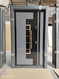 Luxury Turkish Security door featuring a black and grey design with gold-coloured accents and a modern push-pull handle