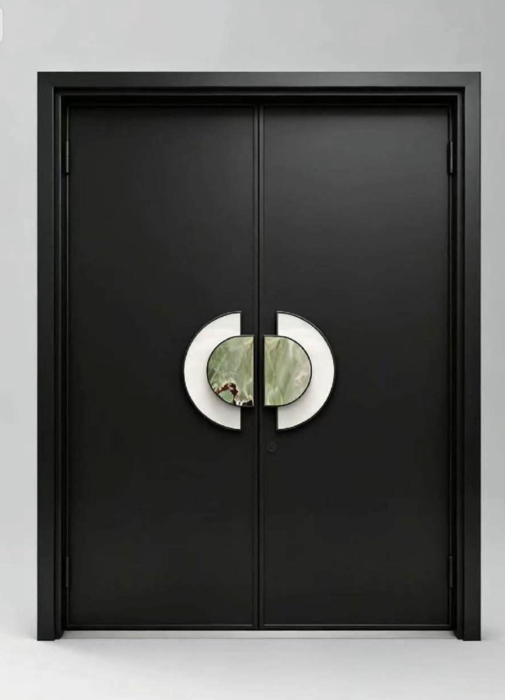 modern black double door featuring distinct circular stone handle