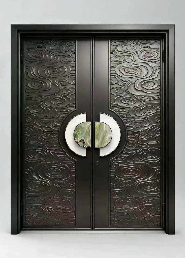 Modern double entrance dor with a decorative metal finish and integrated marble handles