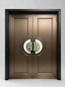Decorative security entrance door, often constructed from steel or iron for durability and safety