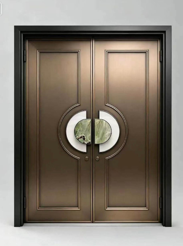 Decorative security entrance door, often constructed from steel or iron for durability and safety