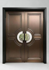 Double door entrance is a modern security door featuring a distinctive central circular design with white and greeen accents