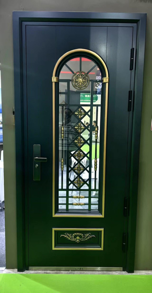 Modern metal security door featuring a decorative glass panel wit gold-accented metal work 