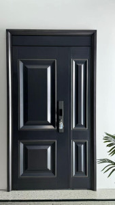 black, modern cast iron security door equipped wit a multi-point locking system and a smart lock handle