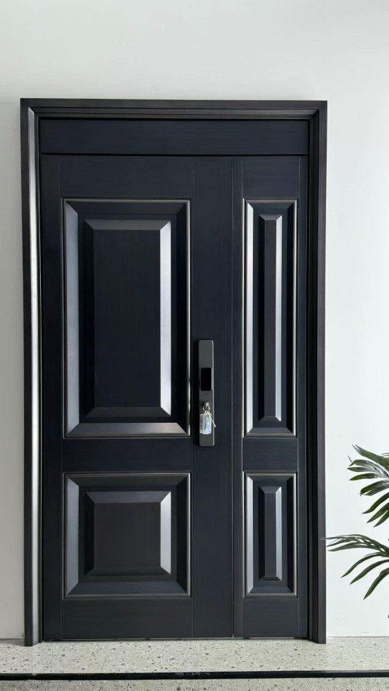 black, modern cast iron security door equipped wit a multi-point locking system and a smart lock handle