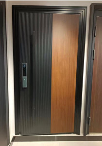 Modern Steel Security entry door featuring a dual-panel design with a wood-look finish and a vertical fluted texture on the dark side