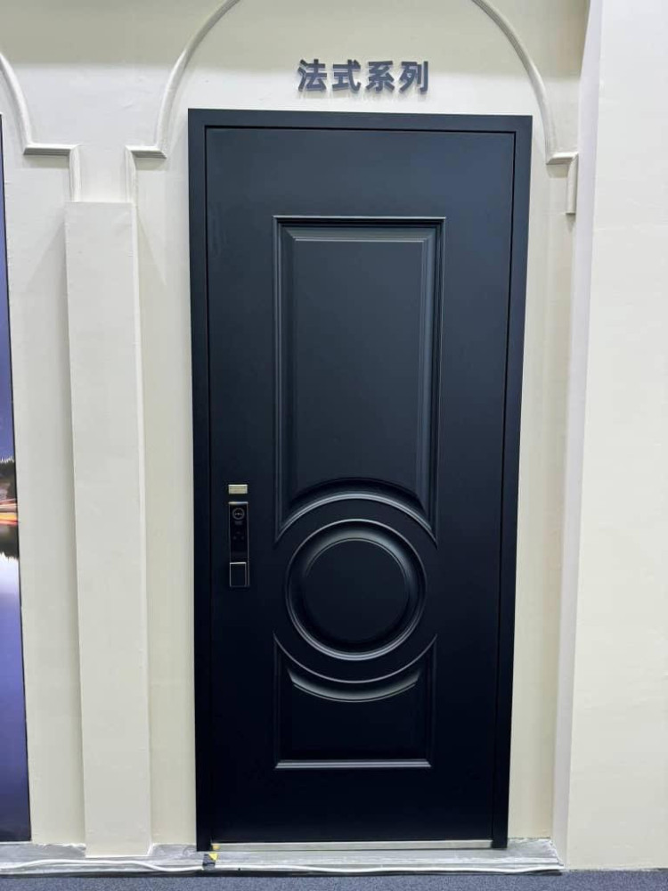 modern black metal security entrance door featuring a stylish circular design in the center