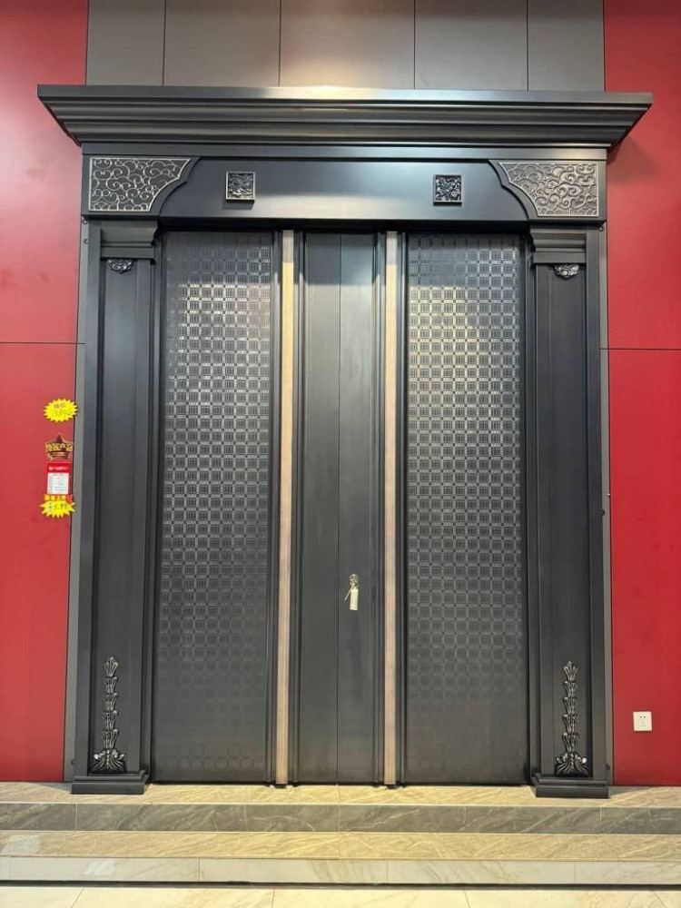 black metal double villa door features a modern geometric pattern and is designed for enhanced security and luxury