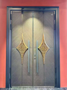 Luxury cast aluminum security door, often featured in modern home entrances for its durability and aesthetic apeal